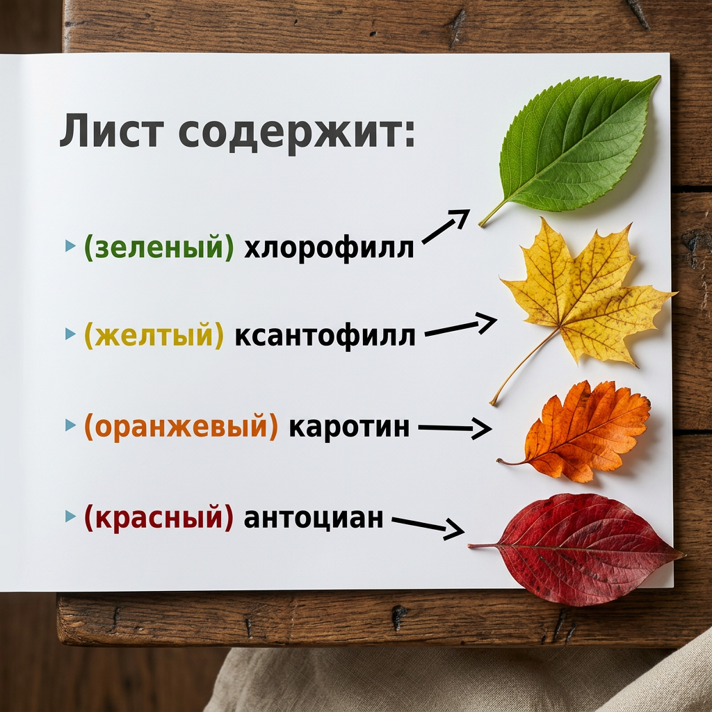 Почему листья меняют цвет осенью: роль хлорофилла, каротиноидов и антоцианов.